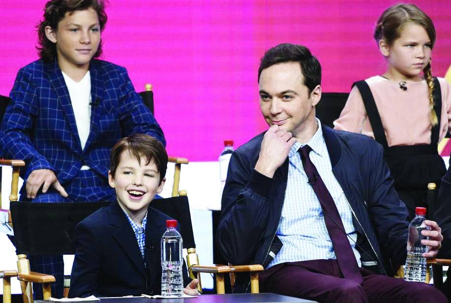 Iain Armitage, front left, a cast member in
the CBS series ‘Young Sheldon,’ answers a question as executive producer/narrator Jim Parsons, front right, looks on during a panel discussion at the 2017
Television Critics Association Summer Press Tour. (AP)