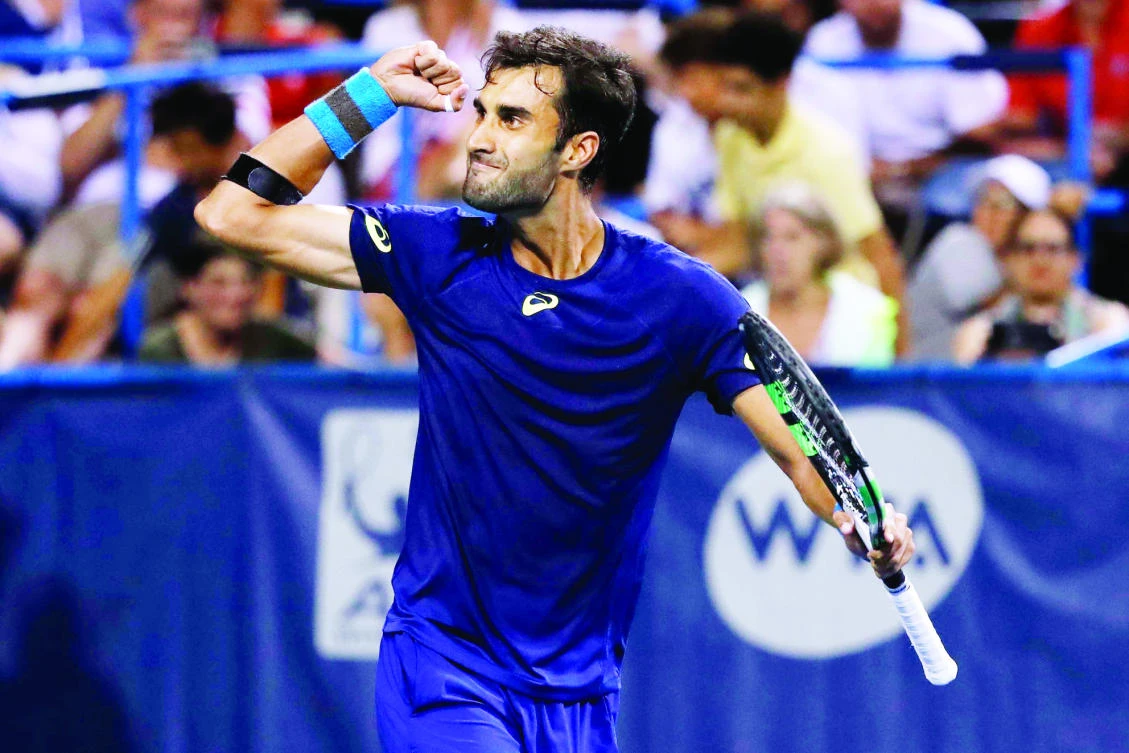Yuki Bhambri of India celebrates after match point against Gael Monfils of France (not pictured) on Day Three of the Citi Open at Fitzgerald Tennis Center on Wednesday. Bhambri won 6-3, 4-6, 7-5. (USA TODAY Sports)