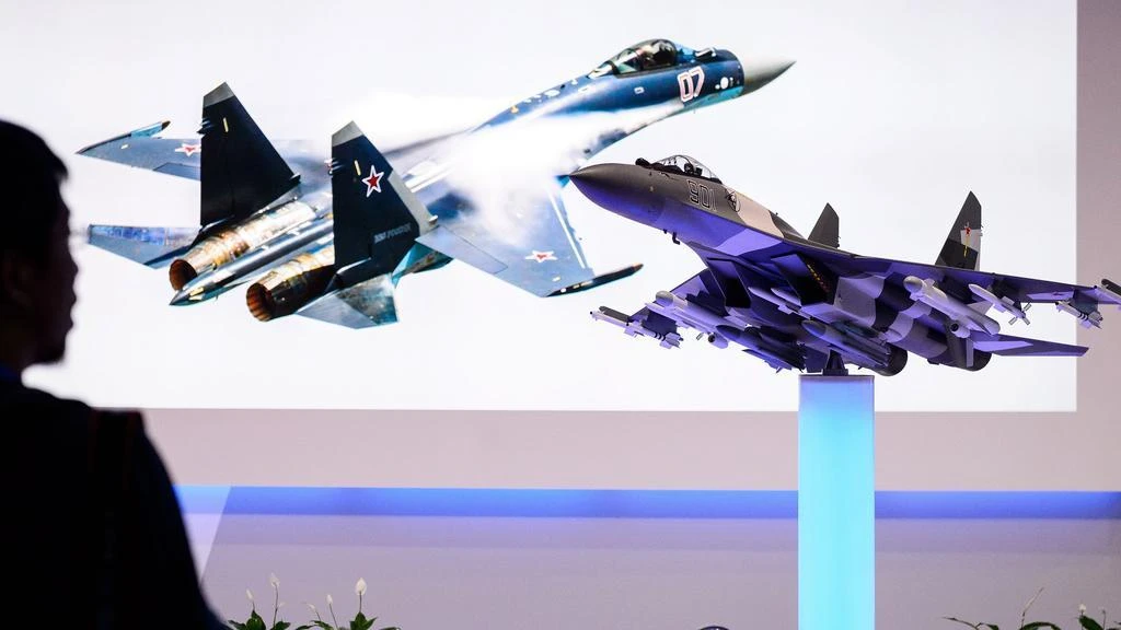 A Russian Sukhoi Su-35 model fighter aircraft on display at the Farnborough International Airshow. (AFP)