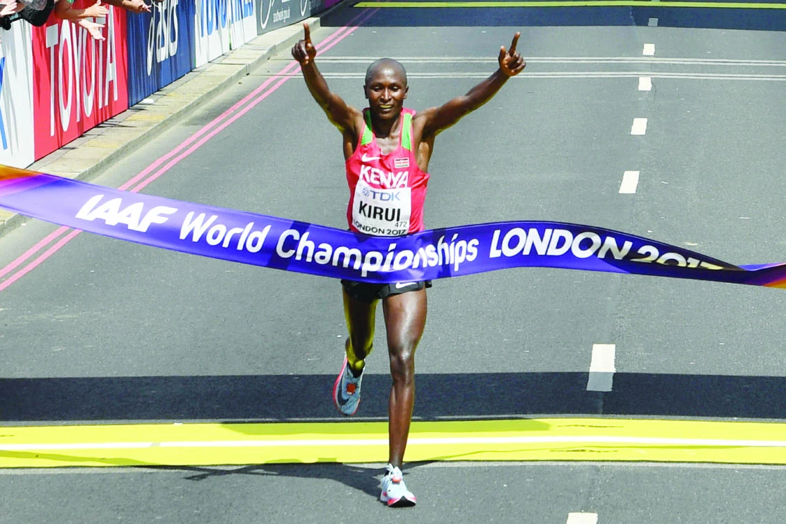 Kenya's Geoffrey Kipkorir Kirui wins the men's marathon athletics event at the 2017 IAAF World Championships in central London Sunday. (AFP)