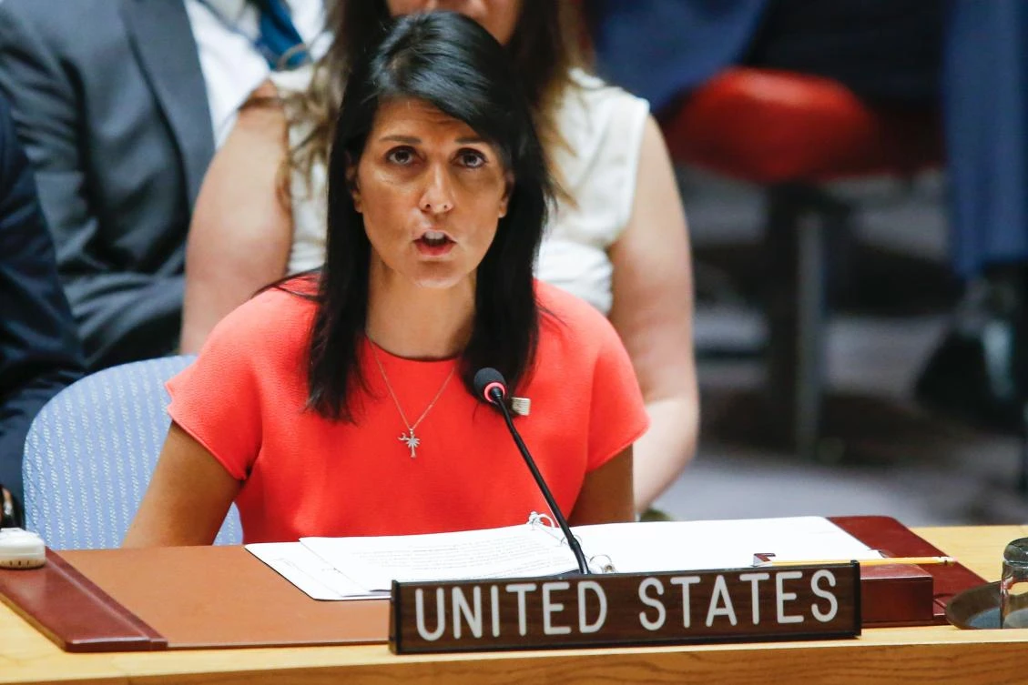 US Ambassador to the United Nations Nikki Haley speaks after voting on a US-drafted resolution toughening sanctions on North Korea, at the United Nations Headquarters in New York, on August 5, 2017. The UN Security Council on Saturday unanimously adopted a US-drafted resolution that significantly strengthened sanctions on North Korea, with a ban on exports aimed at depriving Pyongyang of $1 billion in annual revenue. / AFP / EDUARDO MUNOZ ALVAREZ