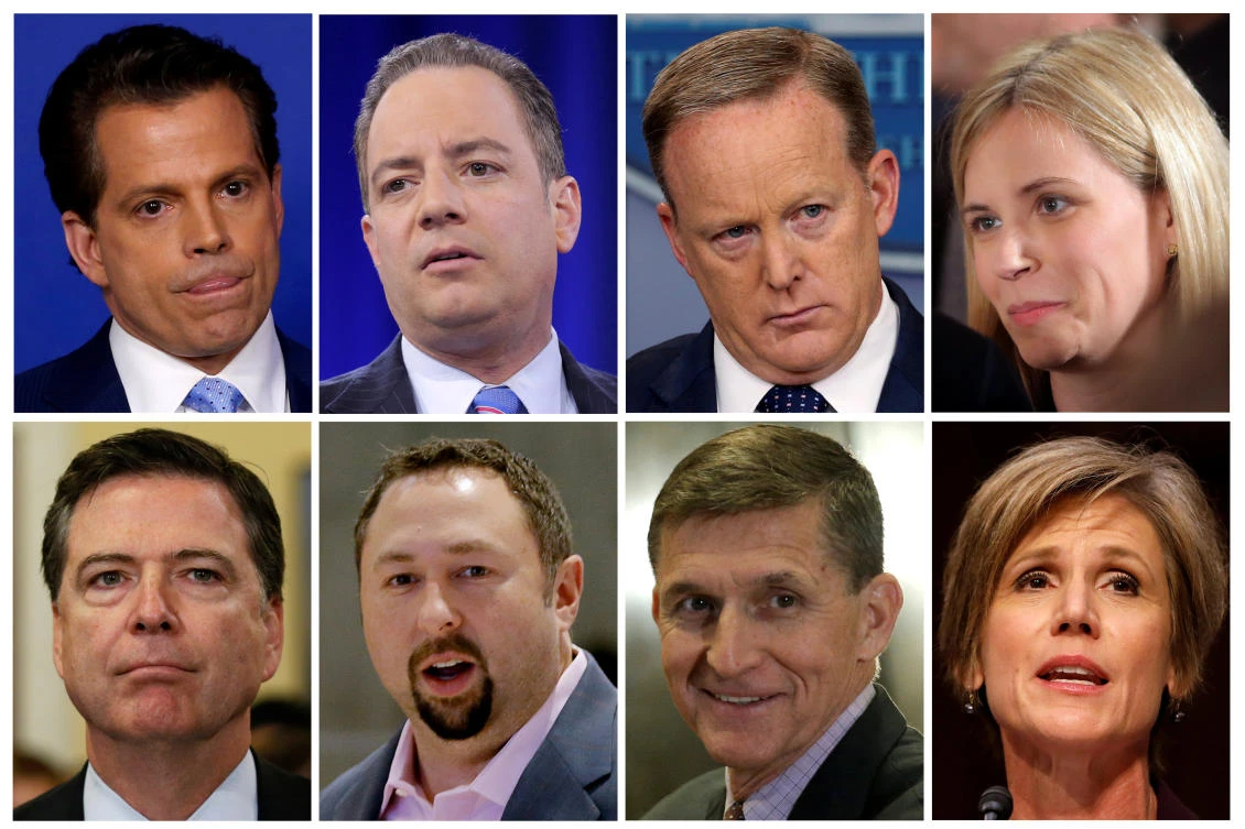 A combination of file photos shows a partial list of officials who have been fired or have left the administration of U.S. President Donald Trump: (top L-R) Anthony Scaramucci, Director of Communications; Reince Priebus, White House Chief of Staff; Sean Spicer, White House Press Secretary; Katie Walsh, Deputy White House Chief of Staff; (bottom L-R) James B. Comey Jr., FBI Director; Jason Miller, transition team Communications Director; Michael Flynn, National Security Advisor; and Sally Yates, Acting Attorney General. REUTERS/Staff/File Photos