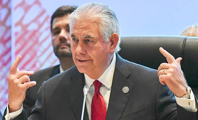 U.S. State Secretary Rex Tillerson gestures before the 10th Lower Mekong Initiative Ministerial Meeting, part of the Association of Southeast Asian Nations (ASEAN) Regional Forum in Manila, Philippines, on Sunday. (AP)