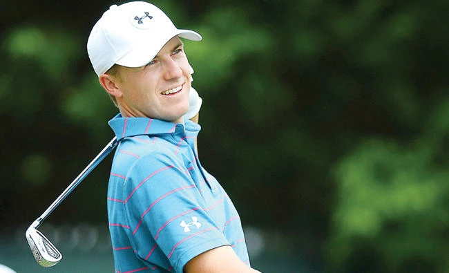 Jordan Spieth watches the flight of his drive during practice for the PGA Championship golf tournament at Quail Hollow Club in Charlotte, N.C., Monday. (AP)