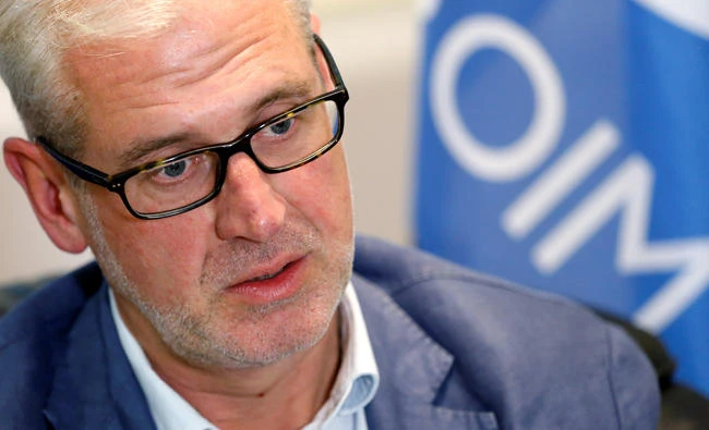 Laurent de Boeck, chief of Mission of the International Organization for Migration (IOM) in Yemen, speaks during an interview in Brussels, Belgium. (Reuters)
