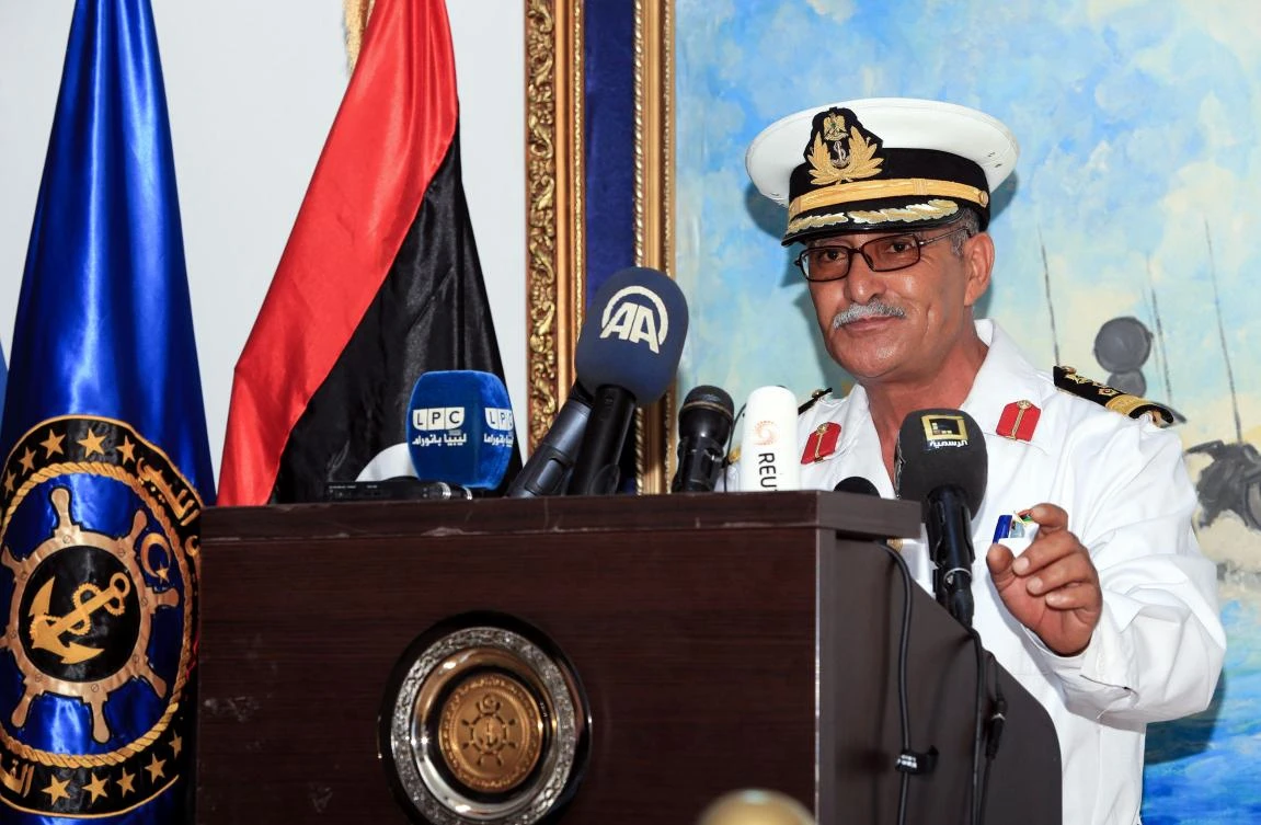 Ayoub Qassem, Libyan navy spokesman gives a press conference at the Tripoli naval base in the capital on August 10, 2017. (AFP)