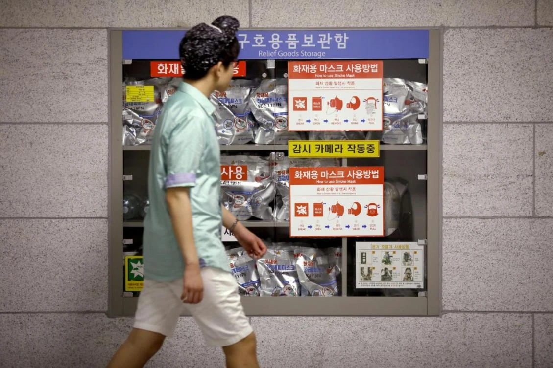 A relief goods storage is seen inside a subway station which is used as a shelter for emergency situations. Koreans are stocking up on ready to eat meals and buying gold amid a tense political standoff. (Reuters)
