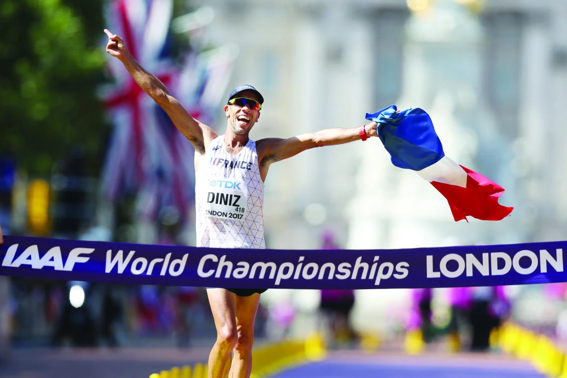 France's Yohann Diniz wins the men's 50km race walk athletics event at the 2017 IAAF World Championships on The Mall in central London on Sunday. (AFP)
