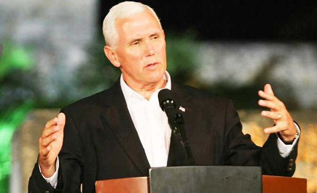 US Vice President Mike Pence speaks during a joint press conference with Colombian President Juan Manuel Santos (not in frame) at the Presidential guest house in Cartagena, Colombia on Sunday. (AFP)