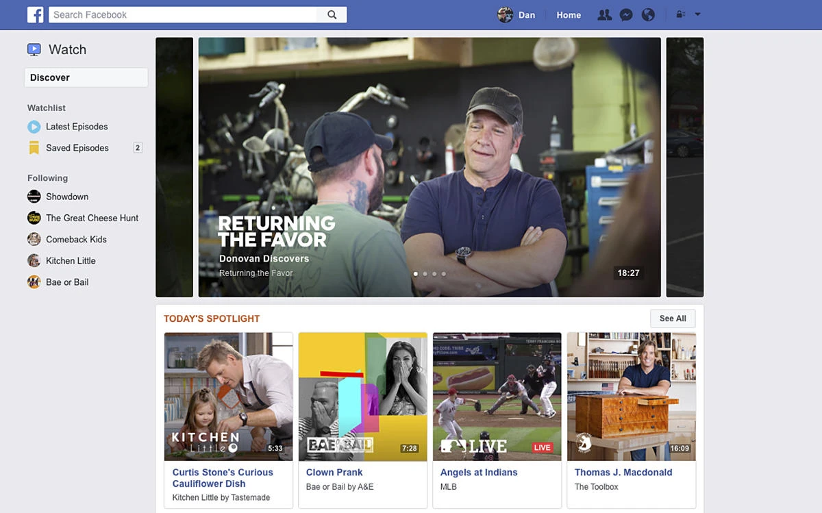 This image provided by Facebook shows a screenshot demonstrating Facebook’s new Watch feature, which is dedicated to live and recorded video. The idea is to have fans commenting and interacting with the videos. The new Watch section is a potential threat to Twitter, YouTube, Netflix and other services for watching video. (Facebook via AP)