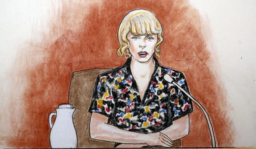 In this Thursday, Aug. 10, 2017, file courtroom sketch, pop singer Taylor Swift speaks from the witness stand during a trial, in Denver. A jury on Monday, Aug. 14, was expected to weigh Swift's allegation that a former radio host groped her during a meet-and-greet before a concert and whether the singer's mother and her radio liaison later set out to destroy his career. (AP)