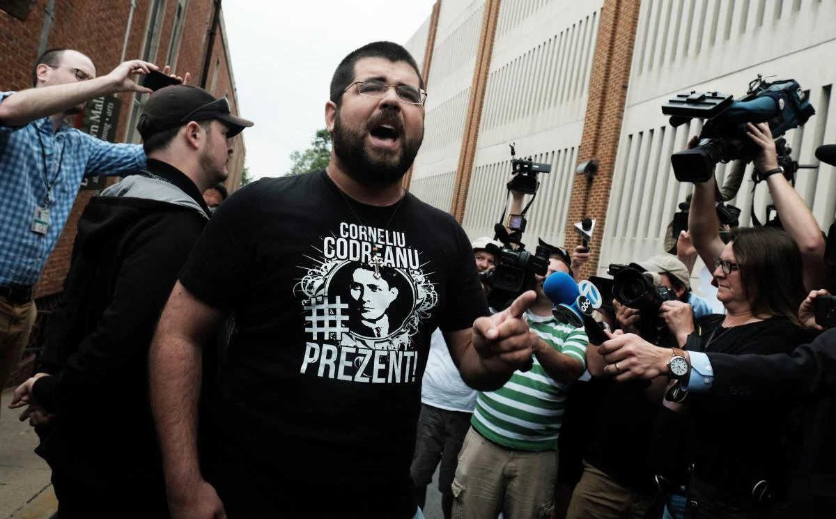 White nationalist leader Matthew Heimbach screams at the media outside Charlottesville General Courthouse in defense of James Alex Fields Jr., arrested on suspicion of murder, malicious wounding and hit-and-run charges as a bail hearing for Fields is held inside in Charlottesville, Virginia, August 14, 2017. (REUTERS)