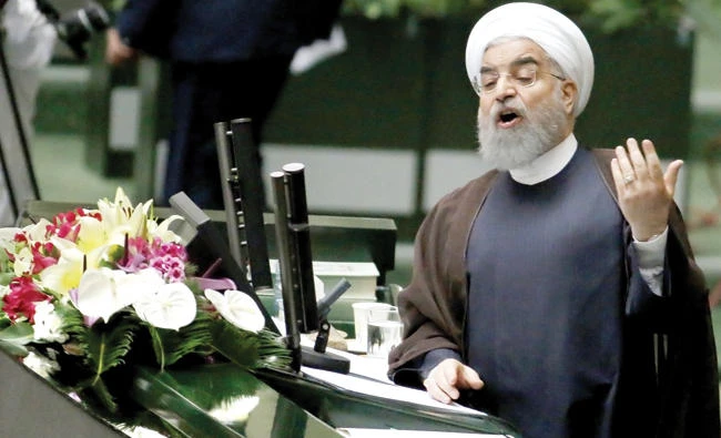 Iranian President Hassan Rouhani addresses the Parliament in Tehran on Tuesday. (AFP)