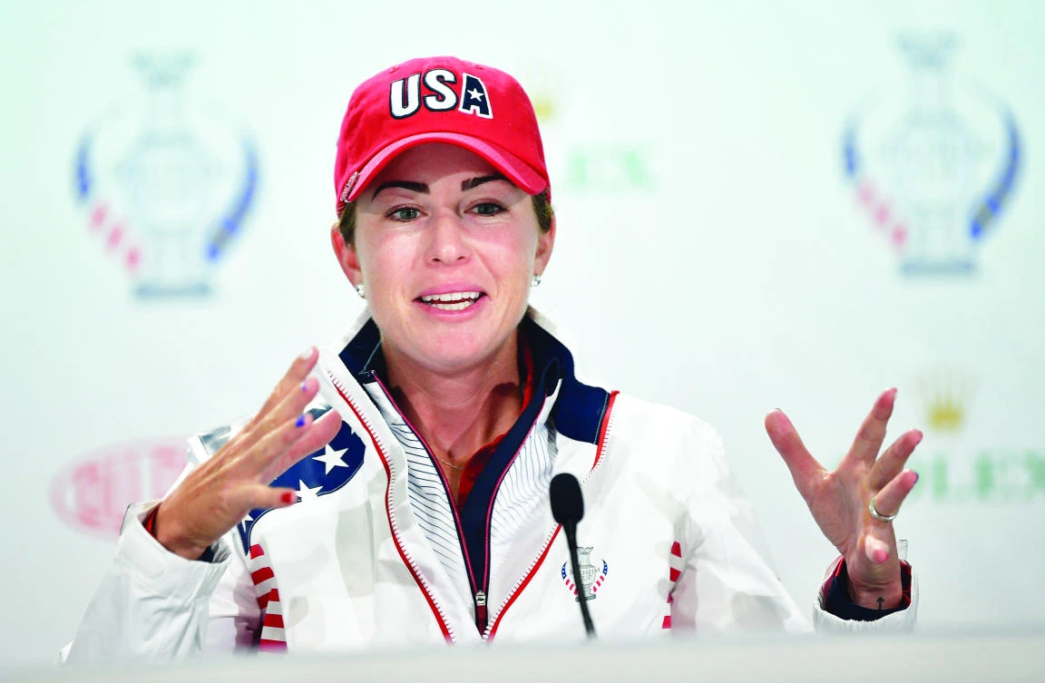 Paula Creamer of Team USA talks to the media during a press conference for the Solheim Cup at the Des Moines Country Club on Tuesday in West Des Moines, Iowa. (AFP)