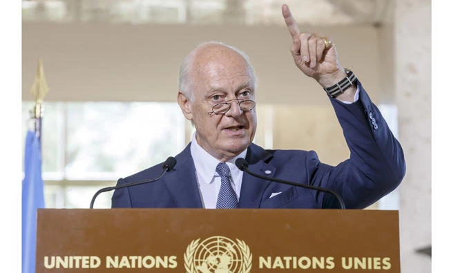 UN Special Envoy for Syria Staffan de Mistura talks at a press briefing after a meeting of the International Syria Support Group's Humanitarian Access Task Force at the European headquarters of the United Nations in Geneva, Switzerland, on Thursday. (Salvatore Di Nolfi/Keystone via AP)