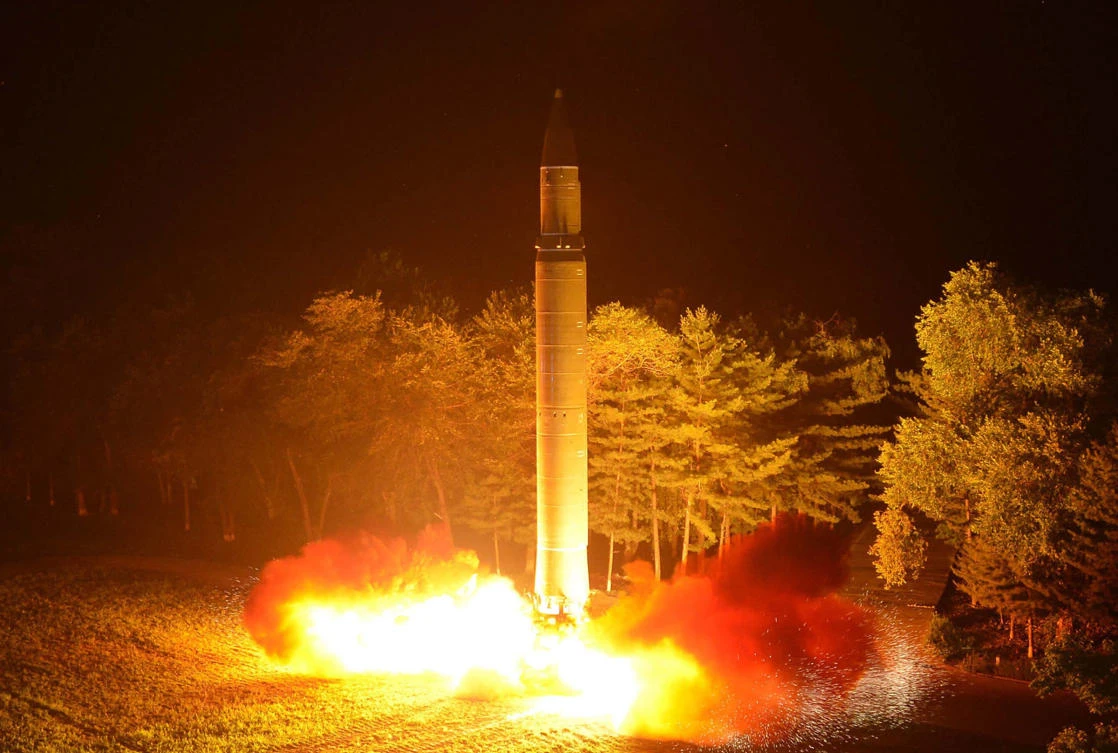 In this July 28, 2017, file photo distributed by the North Korean government, shows what was said to be the launch of a Hwasong-14 intercontinental ballistic missile at an undisclosed location in North Korea. North Korea was the main concern cited in the "white paper" approved by Japan's Cabinet on Tuesday, Aug. 7, 2017, less than two weeks after the North test-fired its second ICBM. Independent journalists were not given access to cover the event depicted in this image distributed by the Korean Central News Agency via Korea News Service. (AP)