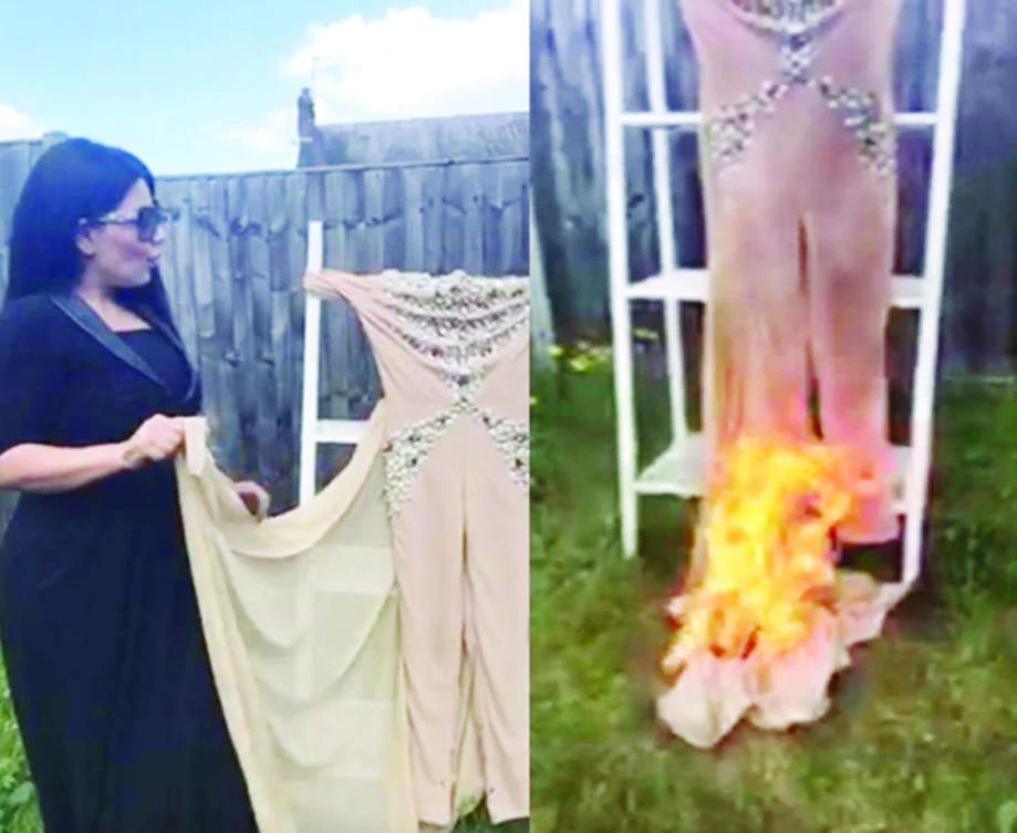 A video grab shows Ariana Saeed burning her ‘offending’ outfit. (Facebook)