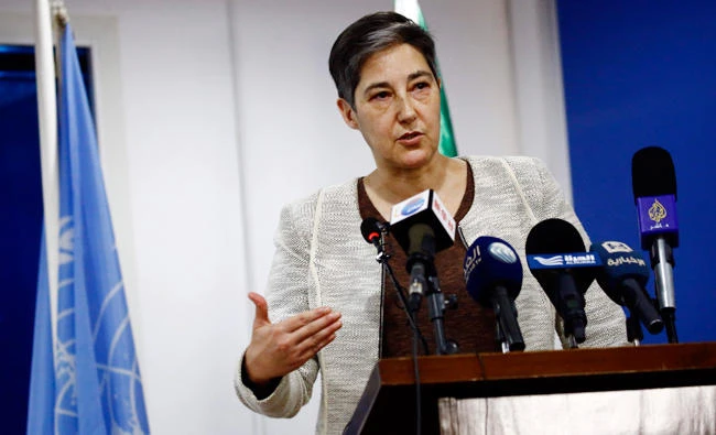 Marta Ruedas,UN resident and humanitarian coordinator for Sudan, speaks at a press conference in Khartoum, Sudan. (AFP)