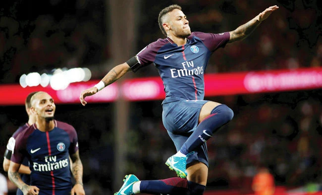 Paris Saint-Germain's Neymar celebrates scoring their sixth goal. (Reuters)