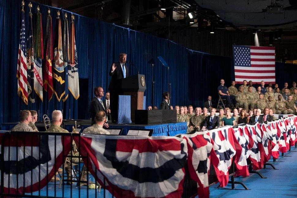 President Donald Trump speaks at Fort Myer in Arlington Va., Monday, Aug. 21, 2017, during a Presidential Address to the Nation about a strategy he believes will best position the U.S. to eventually declare victory in Afghanistan. (AP(