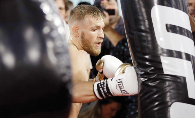 This Aug. 11 photo shows Conor McGregor training during a media workout in Las Vegas. (AP)