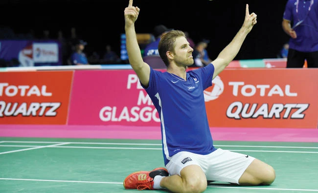 France's Brice Leverdez celebrates his victory over Malaysia's Lee Chong Wei during their round one men's singles match during the 2017 BWF World Championships of badminton at Emirates Arena in Glasgow on Tuesday. (AFP)
