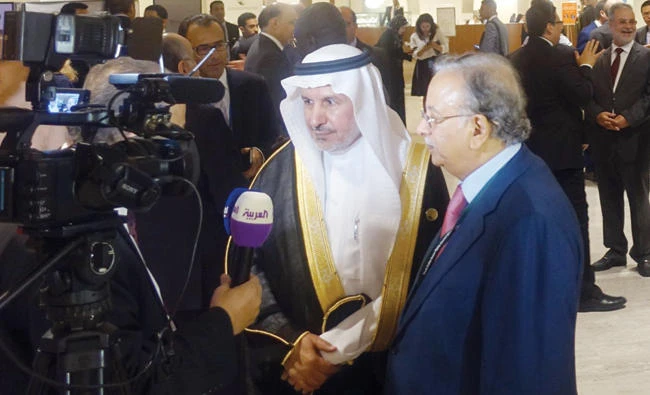 KSRelief General Supervisor Abdullah Al-Rabeeah, left, and Saudi Arabia’s UN Ambassador Abdullah Al-Mouallimi, talk to the media at UN headquarters in New York on Monday. (SPA)