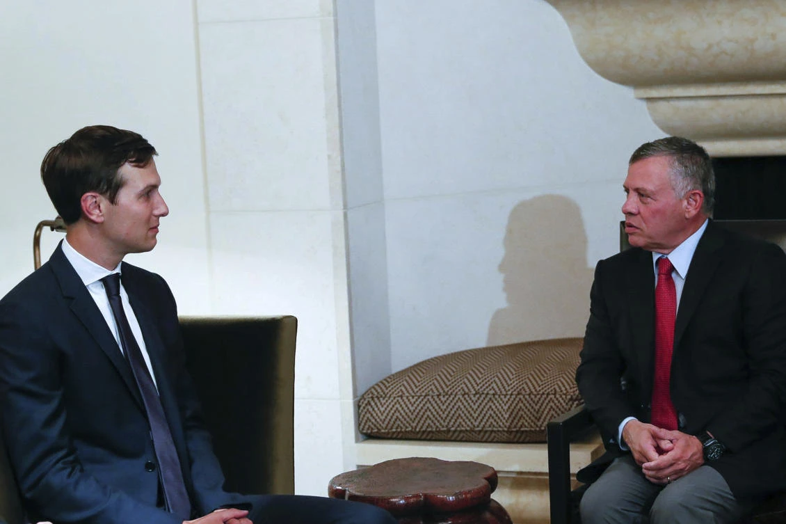 Jordan's King Abdullah II, right, receives White House adviser Jared Kushner on Tuesday in Amman, Jordan. Kushner has touched down in Cairo on Wednesday and he is scheduled to meet with President Abdel Fattah El-Sisi. (The Royal Hashemite Court Twitter via AP)
