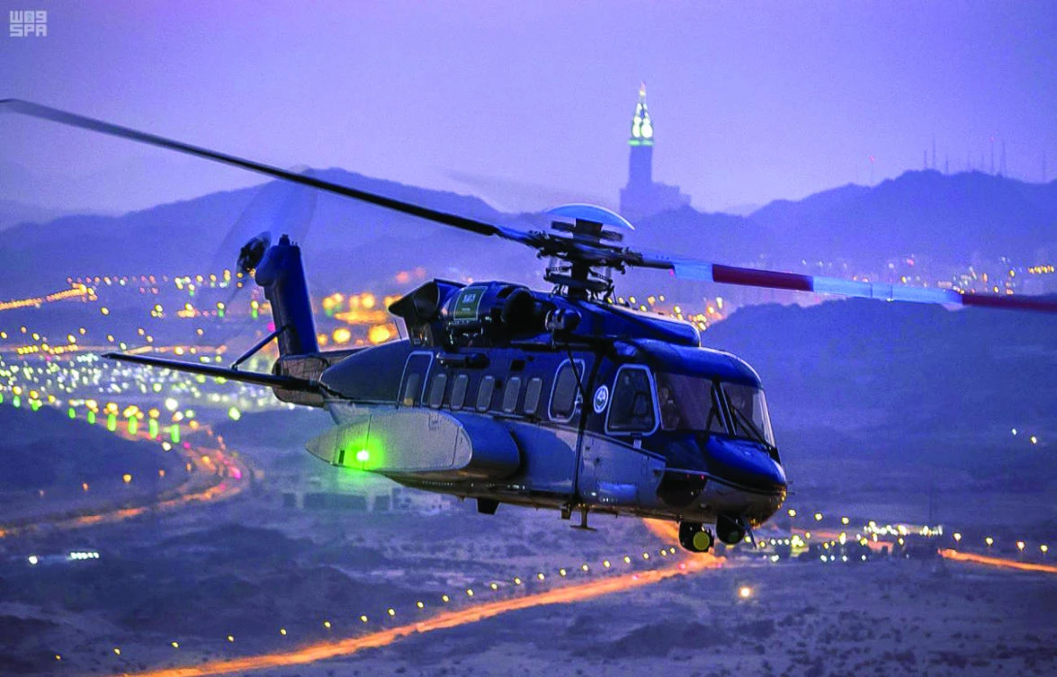 A helicopter on patrol to maintain the security and safety of Hajj pilgrims in Makkah. (SPA)