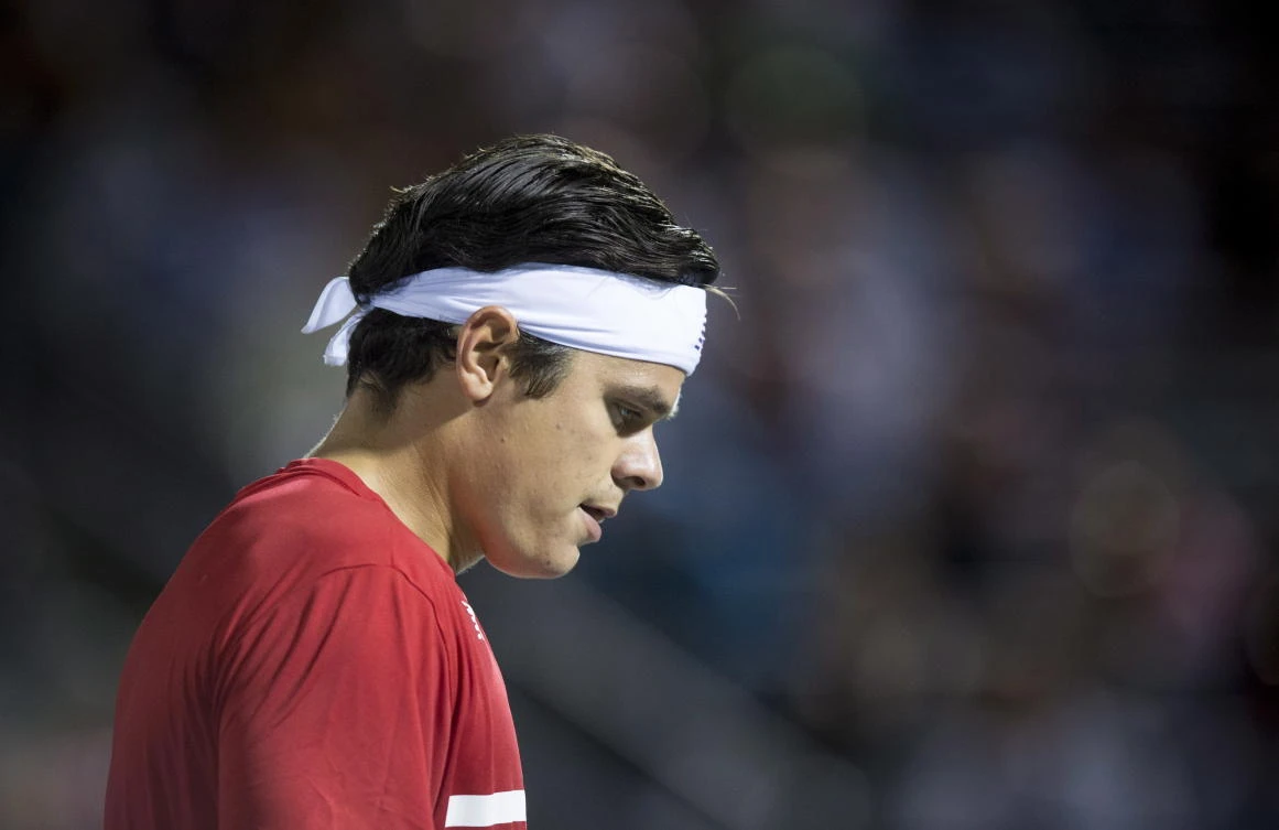 This file photo shows Milos Raonic of Canada, reacting during his match against Adrian Mannarino of France, during the Rogers Cup, in Montreal, on Aug 9, 2017. (The Canadian Press via AP)