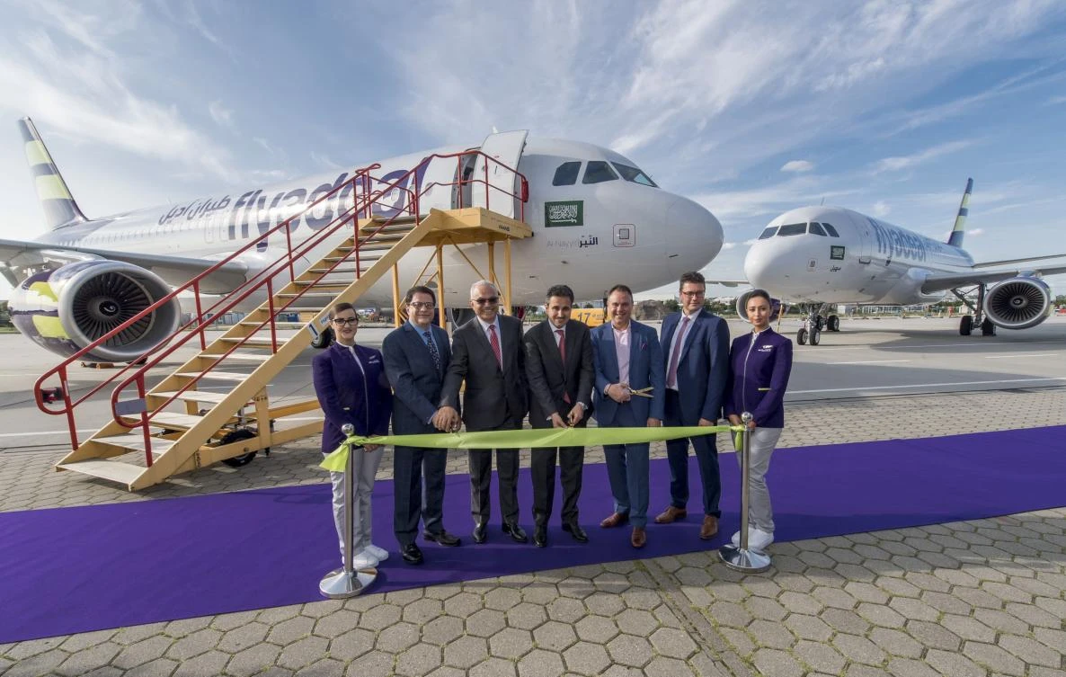 Airbus and flyadeal officials celebrate delivery of the budget carrier’s first batch of new aircraft. (Airbus)