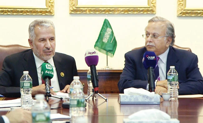 KSRelief General Supervisor Dr. Abdullah Al-Rabeeah, left, and Saudi Arabia’s UN Ambassador Abdullah Al-Mouallimi, talk to the media at UN headquarters in New York on Thursday. (SPA)