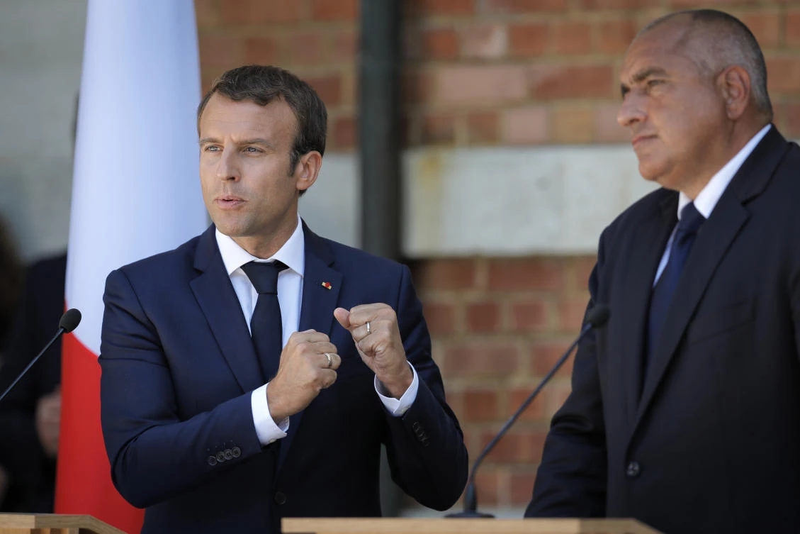 French President Emmanuel Macron gestures during a press conference with Bulgarian Prime Minister, Bojko Borisov, right, at the Euxinograd residence outside Varna, Bulgaria, Friday, Aug. 25, 2017. (AP)