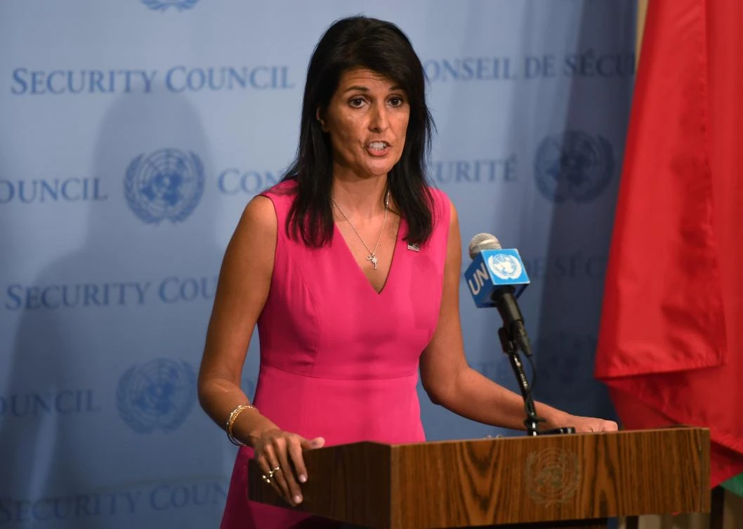 Ambassador Nikki Haley, Permanent Representative of the United States to the United Nations, speaks to the media on August 25, 2017 at the United Nations in New York. / AFP / Don Emmert
