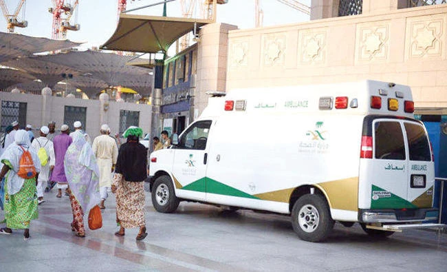 A Ministry of Health ambulance on standby for emergencies at a corner of the Prophet’s Mosque in Madinah. (SPA file photo)