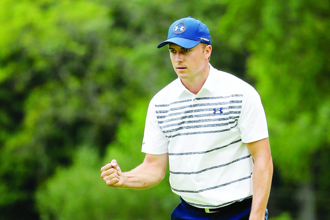 Jordan Spieth of the US reacts after putting for birdie on the 16th green during round two of The Northern Trust at Glen Oaks Club on Friday in Westbury, New York. (AFP)