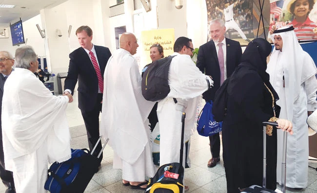 US Embassy officials welcome Hajj pilgrims at King Abdul Aziz International Airport in Jeddah on Sunday. (Photo courtesy: US Embassy)