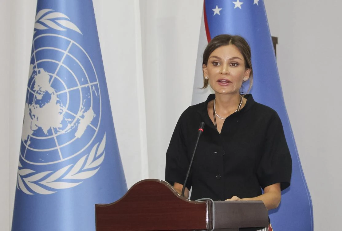 Lola Karimova-Tillyaeva, the second daughter of late Uzbek president Islam Karimov, speaks at a conference on Uzbekistan’s Islamic cultural and scientific heritage in Samarkand, Uzbekistan, on August 28, 2017. (REUTERS)