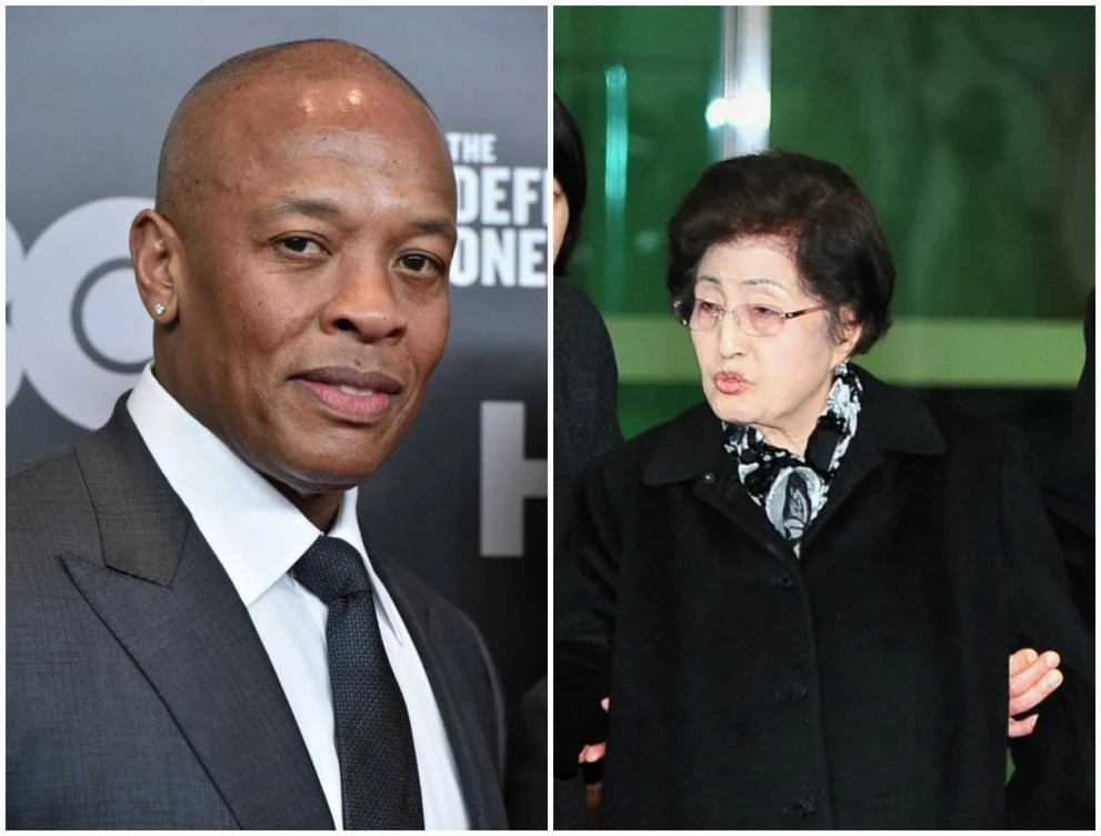 A South Korean man has been fined for spreading rumors online that the 94-year-old widow of late president Kim Dae-Jung, right, was to marry US hip-hop legend Dr. Dre. (AFP)