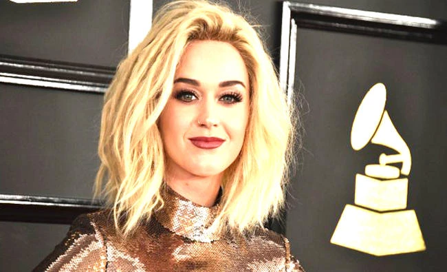 Katy Perry arrives at the 59th annual Grammy Awards at the Staples Center in Los Angeles. (AP)