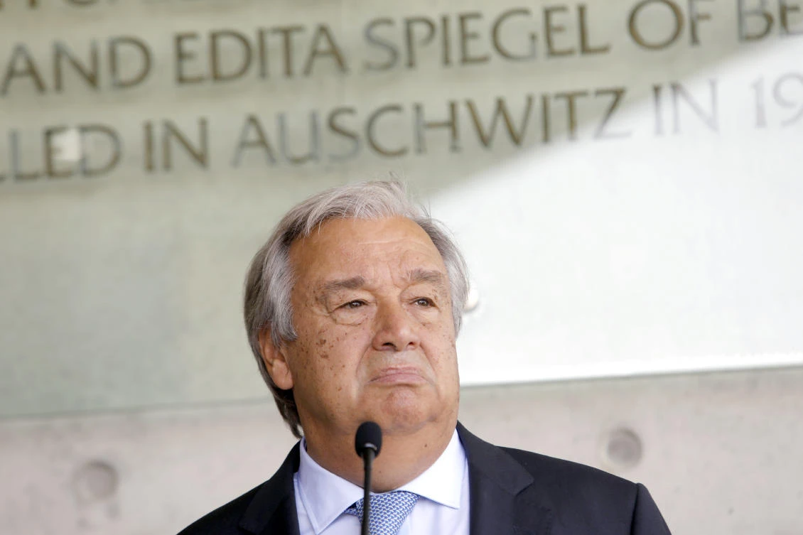 UN Secretary-General Antonio Guterres talks to the press in Jerusalem on Monday. (AFP