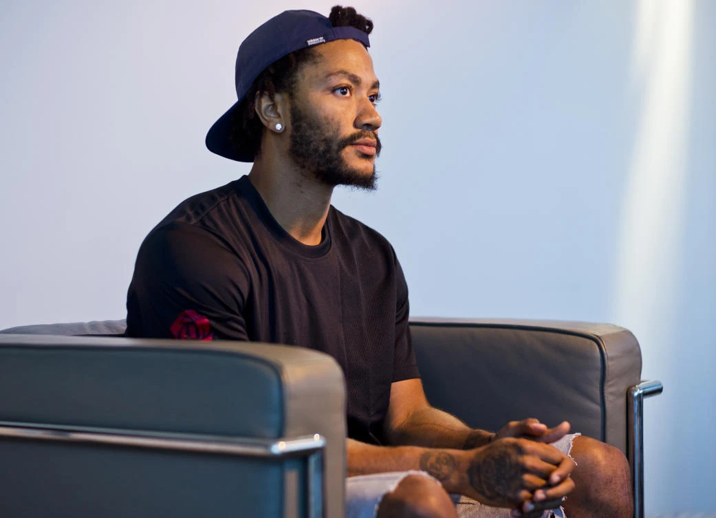 In this Friday, Aug. 25, 2017, photo, Cleveland Cavaliers point guard, Derrick Rose poses for a photo at his agent's Wasserman Media Group offices in Los Angeles. Rose, 28, the former MVP is coming off a fourth knee surgery, though now will be pairing with LeBron James and joining a team that has made three consecutive trips to the NBA Finals. (AP)