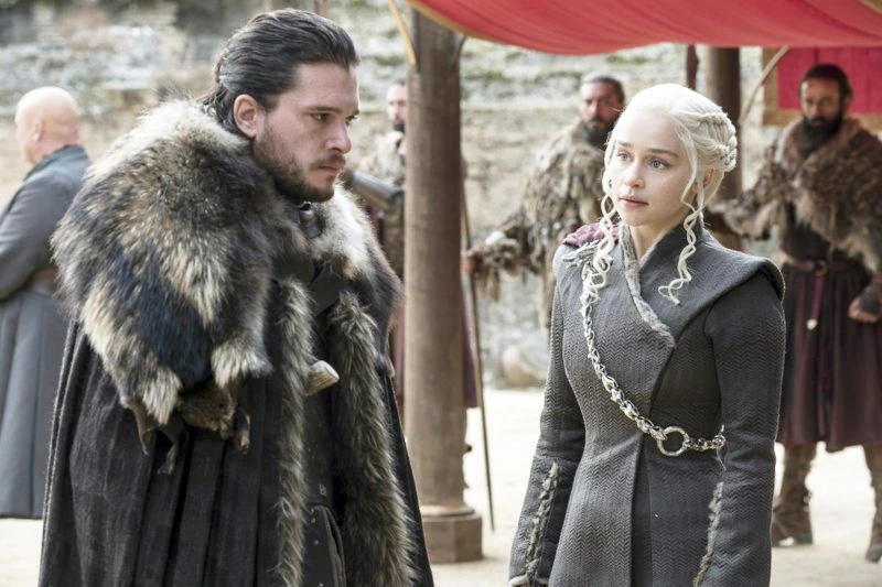 Kit Harington, left, and Emilia Clarke on the season finale
of ‘Game of Thrones.’ (AP)