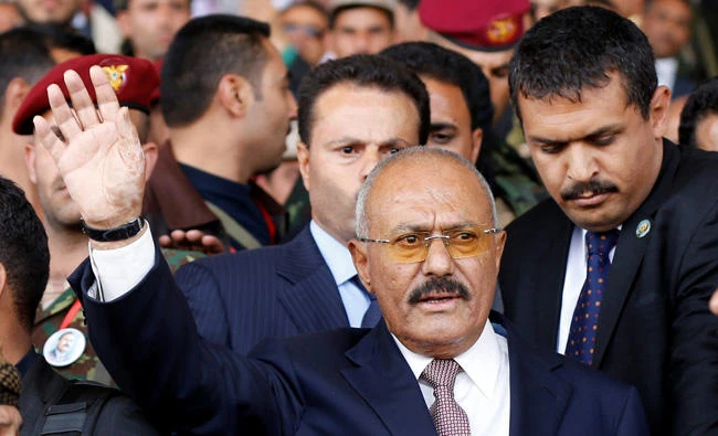 Yemen's former President Ali Abdullah Saleh gestures to supporters as he arrives to a rally held to mark the 35th anniversary of the establishment of his General People's Congress party in Sanaa, Yemen, on August 24, 2017. (REUTERS/Khaled Abdullah)