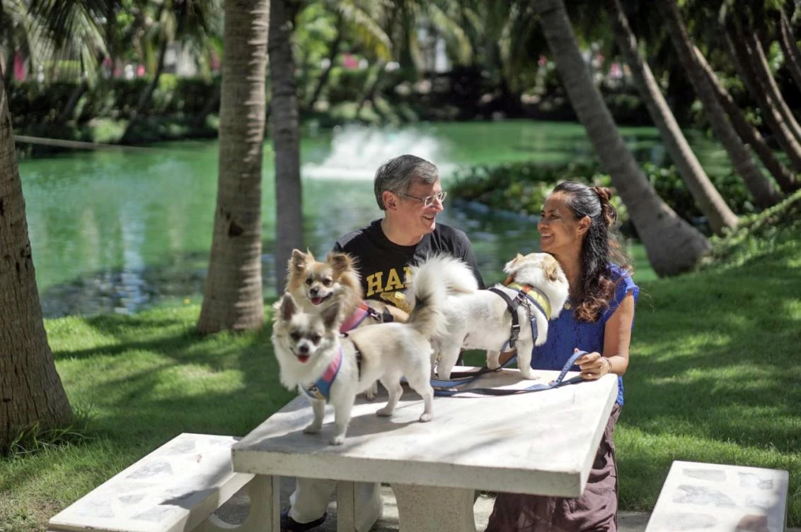 German Ralf Wacker and his wife Ploynisa Duangdararungrueng pose for photo with their dogs at a park near their house in Ayutthaya province, Thailand, on August 22, 2017. (File photo by Reuters)