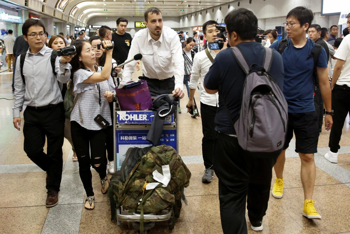 US tourist Nicholas Burkhead speaks to the media after he arrived from Pyongyang at the airport in Beijing, China, on August 31, 2017. (REUTERS)