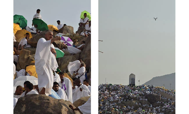 In this combination photo, a pilgrim takes a selfie on Mount Arafat (left) and on the right, a drone carrying a videocamera flies over Mount Arafat as pilgrims stand there in prayer on Thursday. (AN photos by Mahad Mohamed)