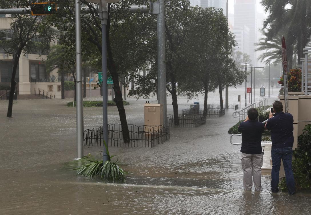 MIAMI, FL - SEPTEMBER 10: The flooded Brickell Avenue is seen as Hurricane Irma passes through on September 10, 2017 in Miami, Florida. Hurricane Irma made landfall in the Florida Keys as a Category 4 storm on Sunday, lashing the state with 130 mph winds as it moves up the coast. Joe Raedle/Getty Images/AFP == FOR NEWSPAPERS, INTERNET, TELCOS & TELEVISION USE ONLY ==