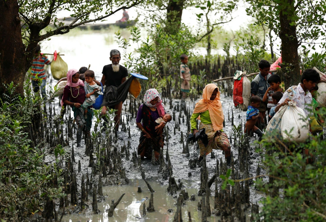 Rohingya refugees walk through mangrove after crossing border by boat through the Naf River in Teknaf, Bangladesh, September 7, 2017. REUTERS/Mohammad Ponir Hossain