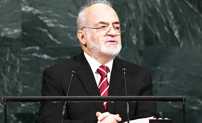Iraq's Foreign Minister Ibrahim Abdulkarim Al-Jafari addresses the 72nd session of the United Nations General assembly at the UN headquarters in New York on Saturday. (AFP)